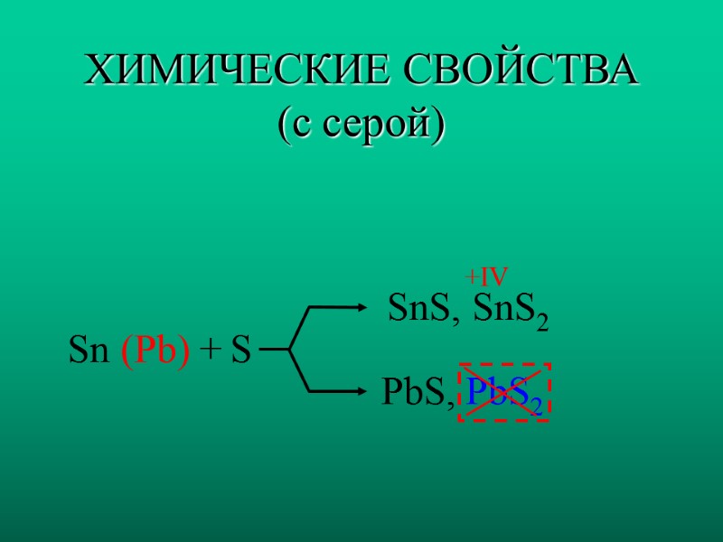 ХИМИЧЕСКИЕ СВОЙСТВА (с серой) Sn (Pb) +  S  SnS, SnS2  +IV